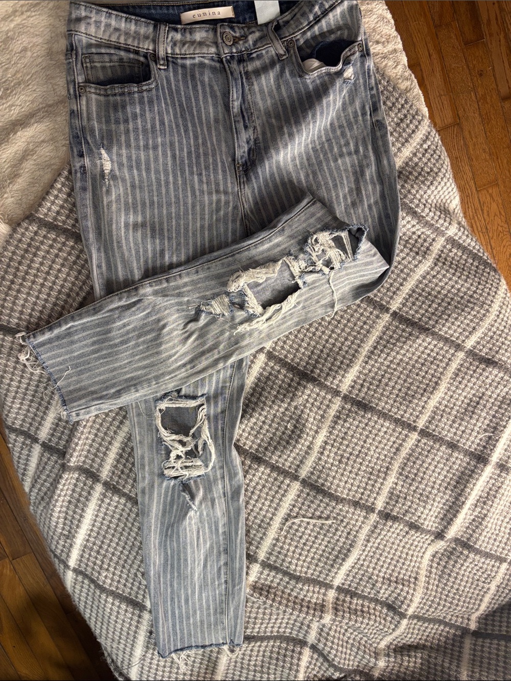 eunina Blue and White Striped Ripped Super High Rise Mom Jeans